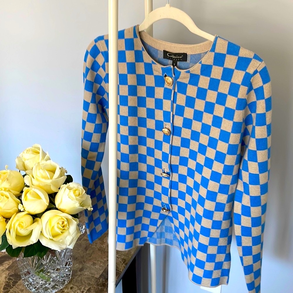 Cardigan, chessboard pattern, small, Caterina, blue, tan, beige, brand new